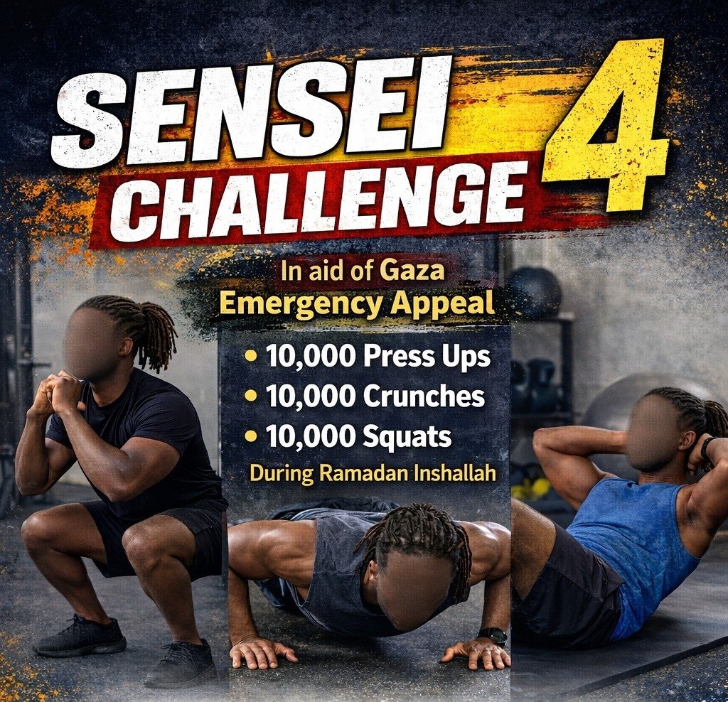 "A promotional poster for 'Sensei Challenge II: 10K Row-A-Thon' benefiting the Gaza Emergency Appeal. The poster features a dark teal background with prominent orange and white text. At the top are the logos of UK Relief (showing hands holding a globe) and Fitness 4 Life (featuring a cartoon martial arts character). The event details show it's scheduled for Saturday 11th October 2025 at 11AM at Portloop Edgbaston. The poster includes a '100% Donation Policy' badge in orange. The central image shows a Palestinian flag against a background of damaged buildings. The poster also includes two additional photos: one showing red and yellow kayaks or rowing equipment lined up by a dock, and another showing a group of participants at what appears to be a previous event. Contact information is provided for three organizers (Ifti, Shaf, and Sensei) with their phone numbers. The poster includes UK Relief's banking details with Sort Code: 309950, Account Details: 80457568, and Reference: Emergency Relief. The UK Charity Registration number 1203422 is displayed in the top right corner. The overall design effectively combines the sporting challenge aspect with the humanitarian cause, using a color scheme of orange, white, and blue against the teal background."