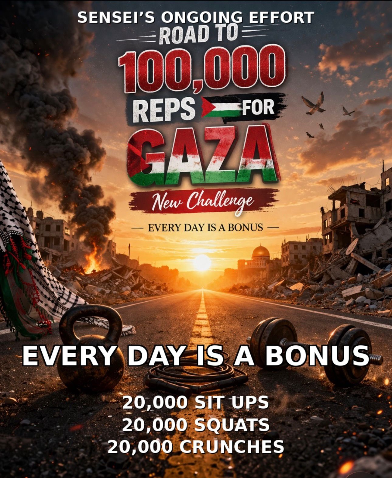 "A promotional poster for 'Sensei Challenge II: 10K Row-A-Thon' benefiting the Gaza Emergency Appeal. The poster features a dark teal background with prominent orange and white text. At the top are the logos of UK Relief (showing hands holding a globe) and Fitness 4 Life (featuring a cartoon martial arts character). The event details show it's scheduled for Saturday 11th October 2025 at 11AM at Portloop Edgbaston. The poster includes a '100% Donation Policy' badge in orange. The central image shows a Palestinian flag against a background of damaged buildings. The poster also includes two additional photos: one showing red and yellow kayaks or rowing equipment lined up by a dock, and another showing a group of participants at what appears to be a previous event. Contact information is provided for three organizers (Ifti, Shaf, and Sensei) with their phone numbers. The poster includes UK Relief's banking details with Sort Code: 309950, Account Details: 80457568, and Reference: Emergency Relief. The UK Charity Registration number 1203422 is displayed in the top right corner. The overall design effectively combines the sporting challenge aspect with the humanitarian cause, using a color scheme of orange, white, and blue against the teal background."